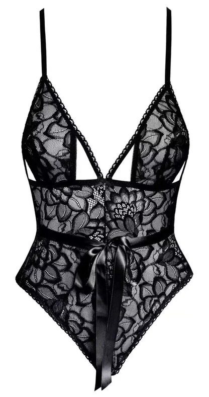 „Kissable Body L/XL“ elegantiškas juodų nėrinių bodis su reguliuojamomis petnešėlėmis