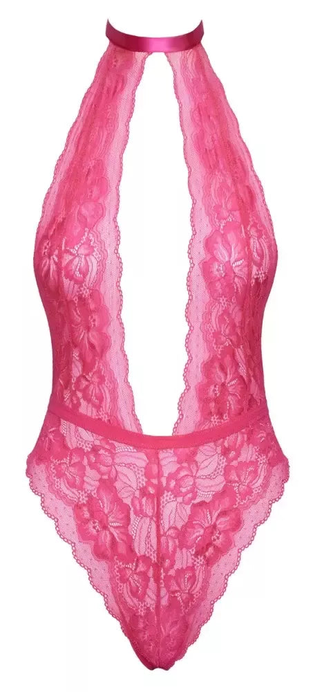 Kissable Body Pink L/XL – elegantiškas nėriniuotas bodis atvira nugara su atlasiniais raišteliais