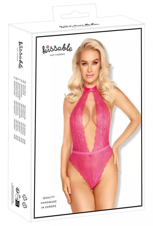 Kissable Body Pink L/XL – elegantiškas nėriniuotas bodis atvira nugara su atlasiniais raišteliais