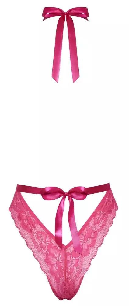 Kissable Body Pink L/XL – elegantiškas nėriniuotas bodis atvira nugara su atlasiniais raišteliais