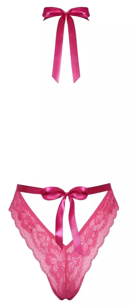 Kissable Body Pink L/XL – elegantiškas nėriniuotas bodis atvira nugara su atlasiniais raišteliais