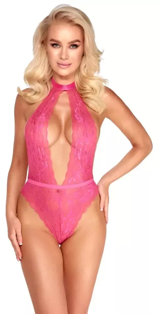 Kissable Body Pink L/XL – elegantiškas nėriniuotas bodis atvira nugara su atlasiniais raišteliais