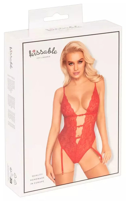 Kissable Body Red S/M – elegantiškas nėriniuotas bodis su kojinių laikikliais, auksinės detalės