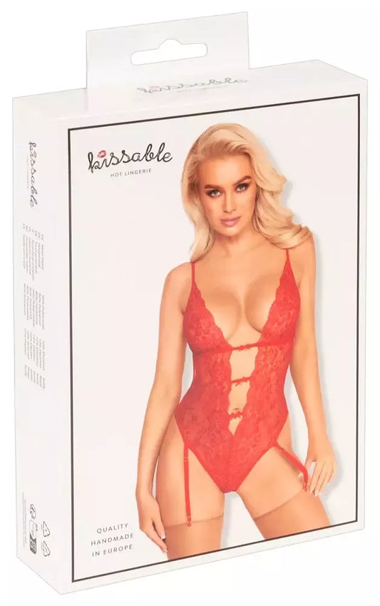 Kissable Body Red S/M – elegantiškas nėriniuotas bodis su kojinių laikikliais, auksinės detalės