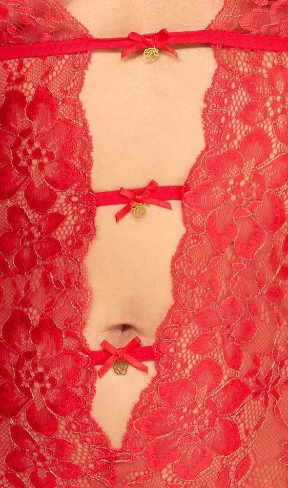 Kissable Body Red S/M – elegantiškas nėriniuotas bodis su kojinių laikikliais, auksinės detalės