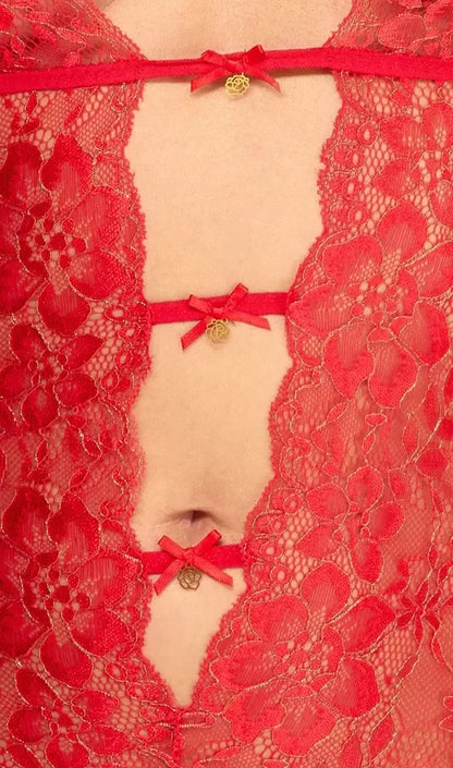 Kissable Body Red S/M – elegantiškas nėriniuotas bodis su kojinių laikikliais, auksinės detalės