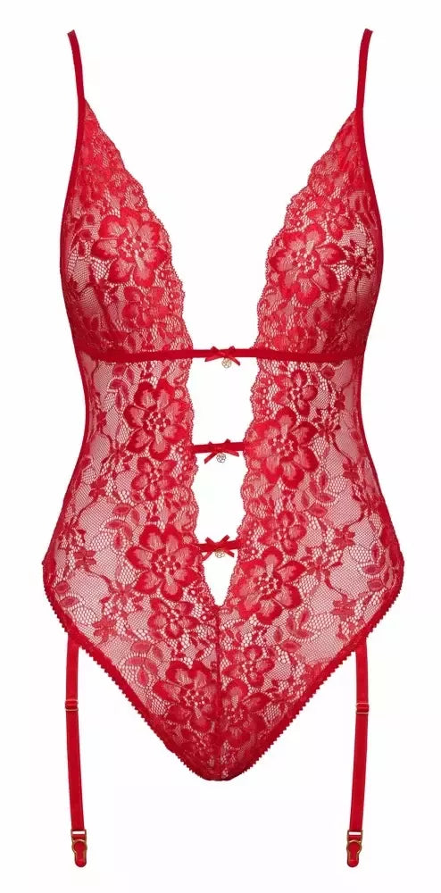 Kissable Body Red S/M – elegantiškas nėriniuotas bodis su kojinių laikikliais, auksinės detalės