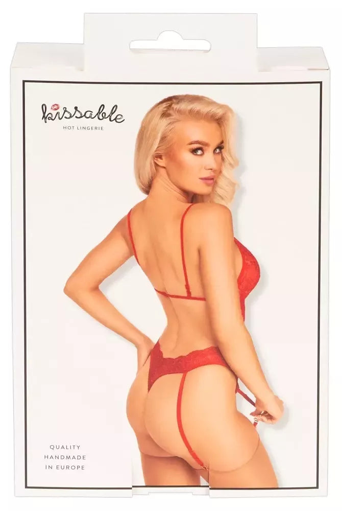 Kissable Body Red S/M – elegantiškas nėriniuotas bodis su kojinių laikikliais, auksinės detalės