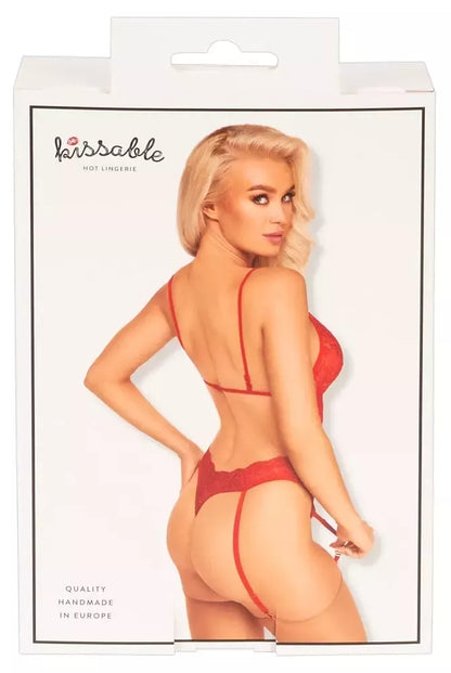 Kissable Body Red S/M – elegantiškas nėriniuotas bodis su kojinių laikikliais, auksinės detalės