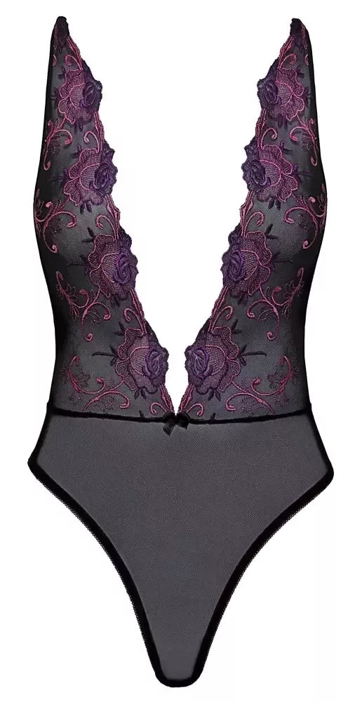 Kissable Body S/M – juodas, tiulinis kombinezonas su gėlių siuvinėjimais