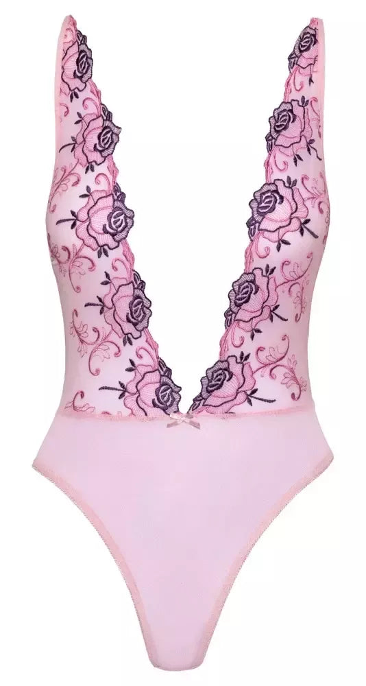 Kissable Embroidered Floral Body S/M rožinis su reguliuojamomis petnešėlėmis
