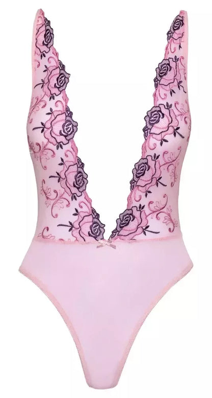 Kissable Embroidered Floral Body S/M rožinis su reguliuojamomis petnešėlėmis