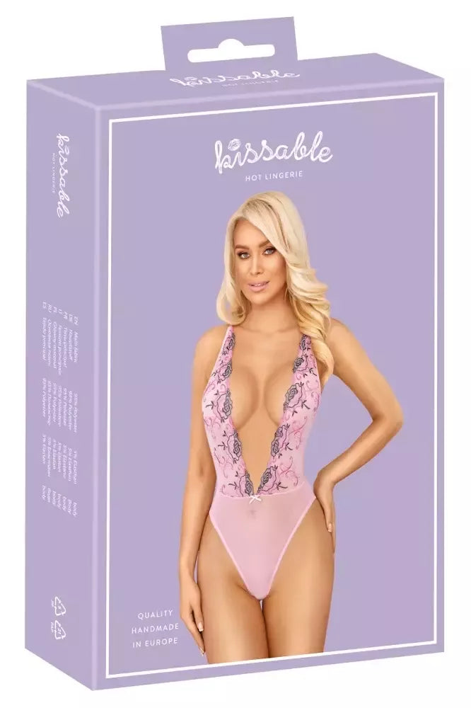 Kissable Embroidered Floral Body S/M rožinis su reguliuojamomis petnešėlėmis