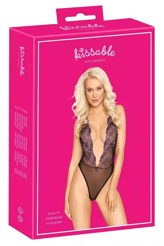 Kissable L/XL gėlėtais siuvinėjimais dekoruotas juodas tinklinis bodis su reguliuojamomis petnešėlėmis