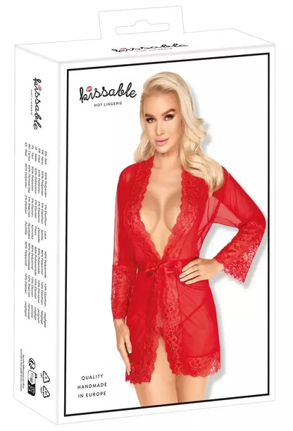 Kissable raudonas kimono S/M su auksiniais nėriniais ir atlasiniu diržu
