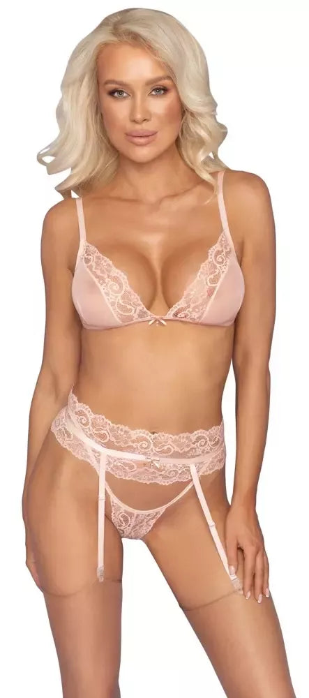 Kissable Rose L/XL trijų dalių apatinio trikotažo rinkinys su diržu kojinėms ir nėrinių detalėmis