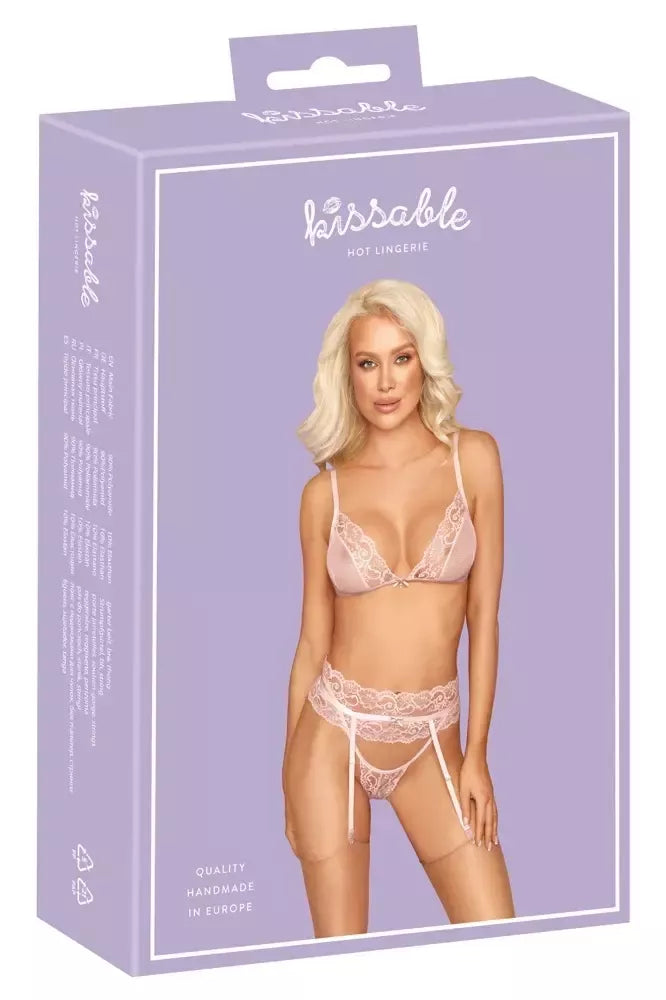 Kissable Rose L/XL trijų dalių apatinio trikotažo rinkinys su diržu kojinėms ir nėrinių detalėmis
