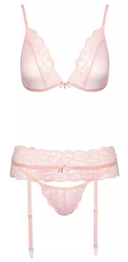 Kissable Rose L/XL trijų dalių apatinio trikotažo rinkinys su diržu kojinėms ir nėrinių detalėmis