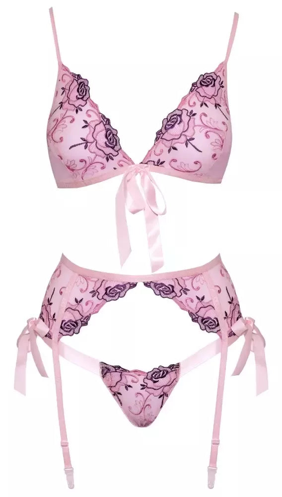 „kissable“ siuvinėtas gėlių rašto apatinio trikotažo komplektas, L/XL – šviesiai rožinė, 3 dalių
