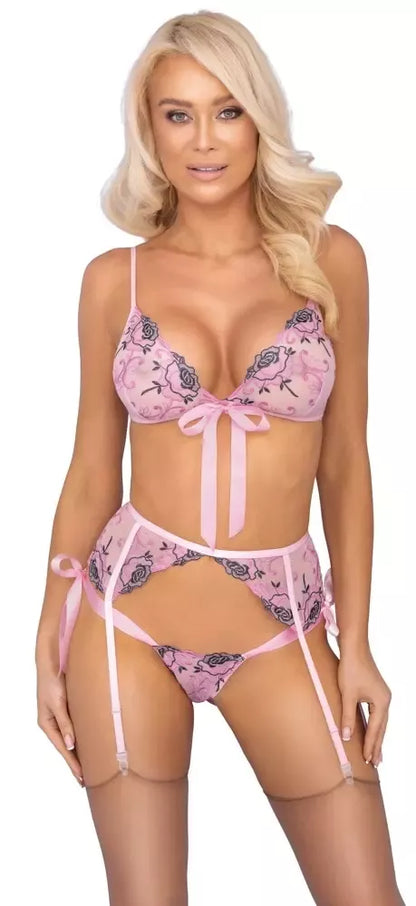 „kissable“ siuvinėtas gėlių rašto apatinio trikotažo komplektas, L/XL – šviesiai rožinė, 3 dalių