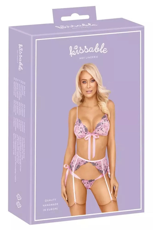 „kissable“ siuvinėtas gėlių rašto apatinio trikotažo komplektas, L/XL – šviesiai rožinė, 3 dalių