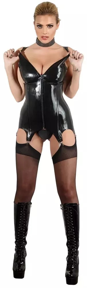 LateX Basque Model Black L – prigludęs lateksinis korsetas su užtrauktuku ir keliaraiščiais