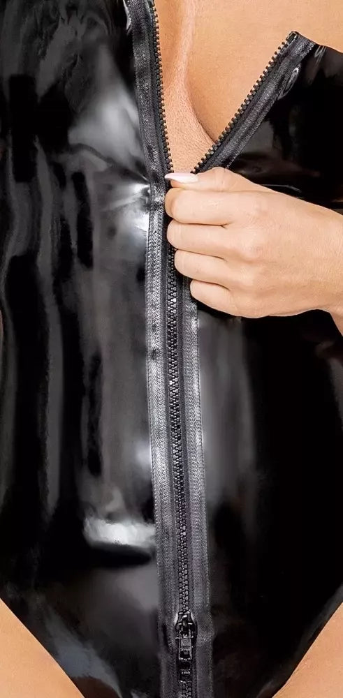 LateX Bodysuit Zip M juodas – kvadratinė iškirptė, dvipusis užtrauktukas, 0,35 mm