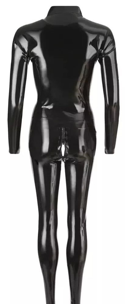 LateX Catsuit Black L – dvipusis užtrauktukas, natūralus lateksas, stovinti apykaklė