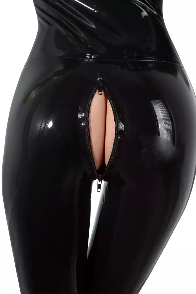 LateX Catsuit Black M – su dvigubu užtrauktuku, stačia apykakle, iš natūralaus latekso