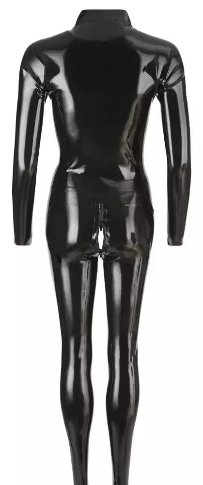 LateX Catsuit Black M – su dvigubu užtrauktuku, stačia apykakle, iš natūralaus latekso