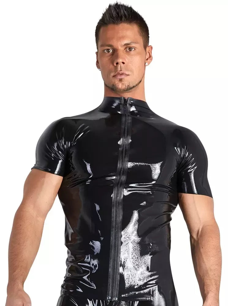 LateX Collection vyriški lateksiniai marškiniai, L dydis, juodi, su stačia apykakle ir užtrauktuku priekyje