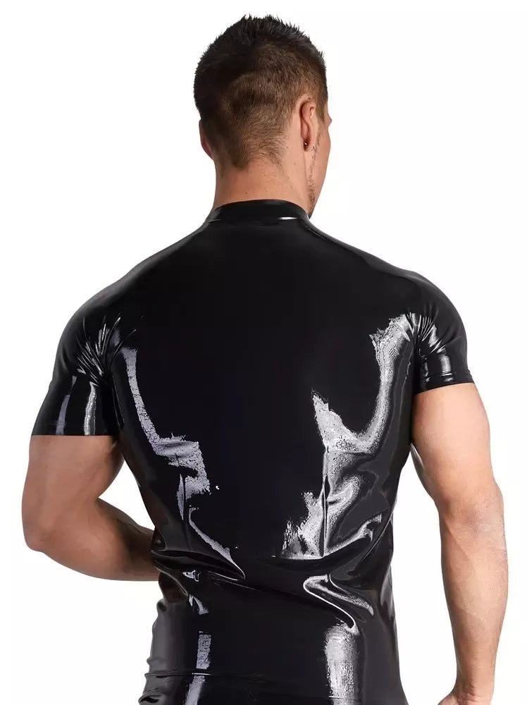 LateX Collection vyriški lateksiniai marškiniai, L dydis, juodi, su stačia apykakle ir užtrauktuku priekyje