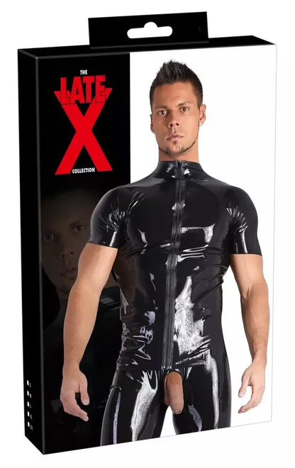 LateX Collection vyriški lateksiniai marškiniai, L dydis, juodi, su stačia apykakle ir užtrauktuku priekyje