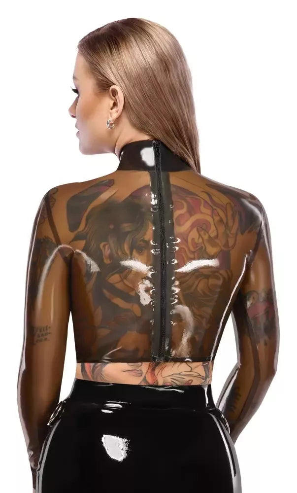 LateX Crop Top L – dūminis skaidrus, ilgomis rankovėmis, stovinčia apykakle