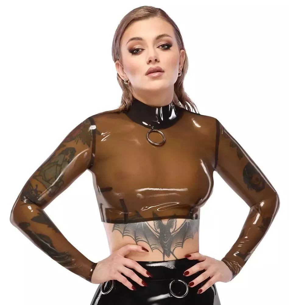 LateX Crop Top L – dūminis skaidrus, ilgomis rankovėmis, stovinčia apykakle