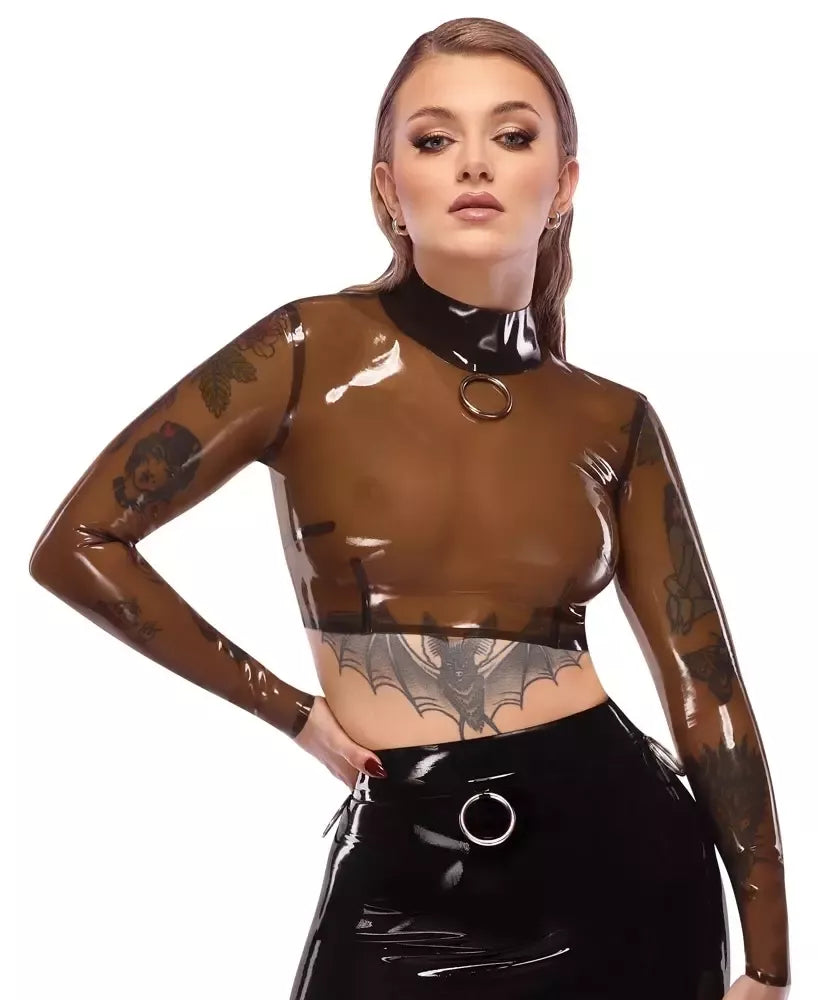 LateX Crop Top L – dūminis skaidrus, ilgomis rankovėmis, stovinčia apykakle