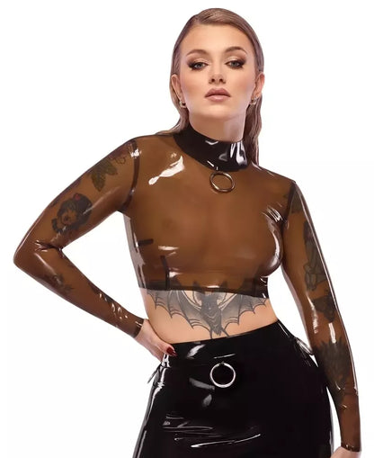 LateX Crop Top L – dūminis skaidrus, ilgomis rankovėmis, stovinčia apykakle