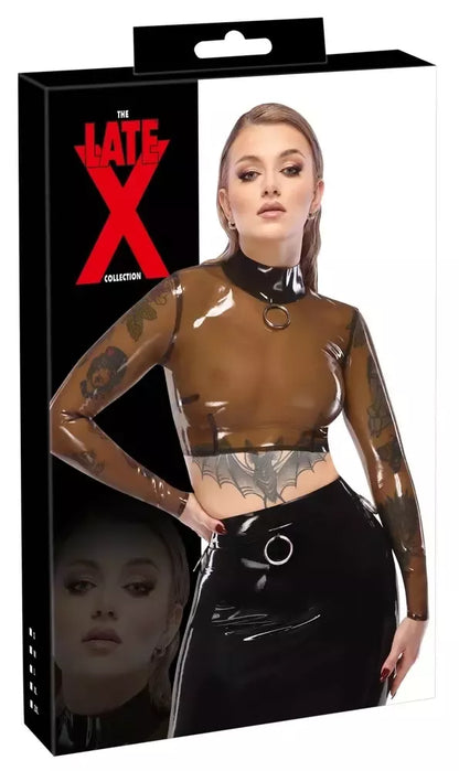 LateX Crop Top L – dūminis skaidrus, ilgomis rankovėmis, stovinčia apykakle