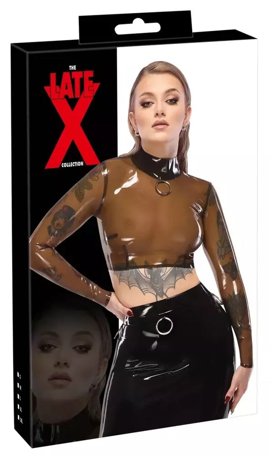 LateX Crop Top L – dūminis skaidrus, ilgomis rankovėmis, stovinčia apykakle