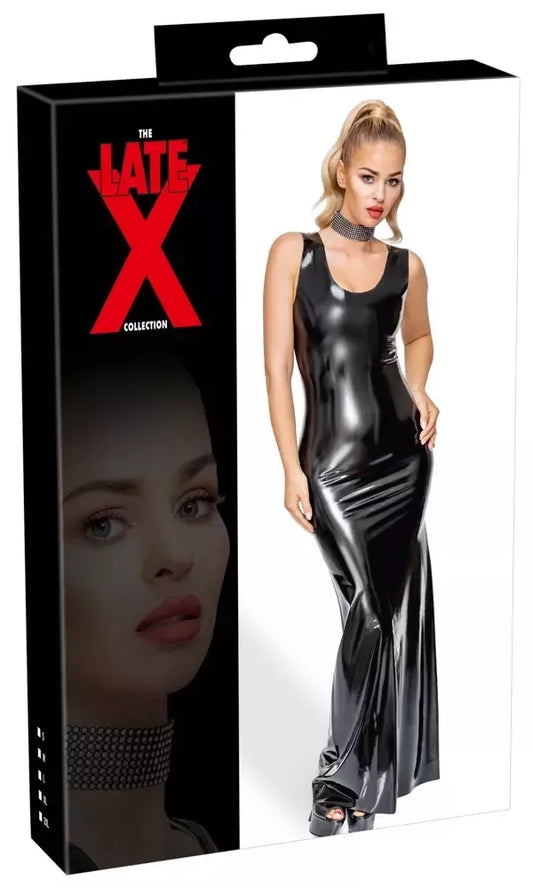 LateX ilga juoda maxi latekso suknelė su siauromis petnešėlėmis, L dydis