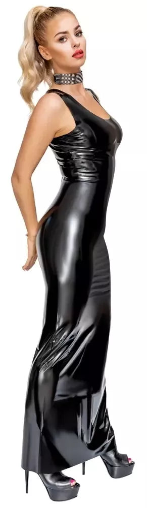 LateX ilga juoda maxi latekso suknelė su siauromis petnešėlėmis, L dydis
