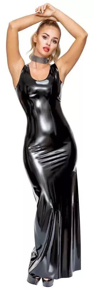 LateX ilga juoda maxi latekso suknelė su siauromis petnešėlėmis, L dydis