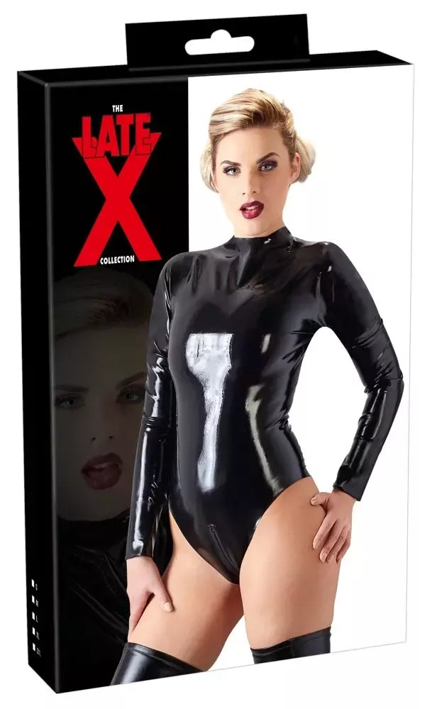 LateX juodas lateksinis bodis, M dydis – blizgus, ilgomis rankovėmis, su dviem užtrauktukais