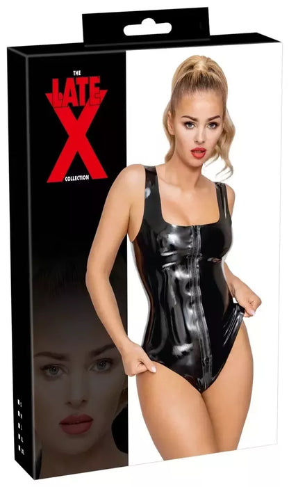LateX juodas lateksinis bodis S su funkcionaliu 2 krypčių užtrauktuku, 0,35 mm