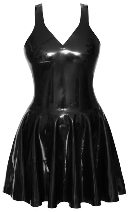 „LateX“ mini suknelė, juoda, M dydis – klasikinis platėjantis latekso stilius, M dydis