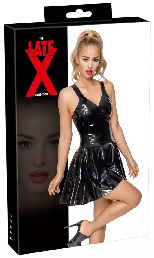„LateX“ mini suknelė, juoda, M dydis – klasikinis platėjantis latekso stilius, M dydis