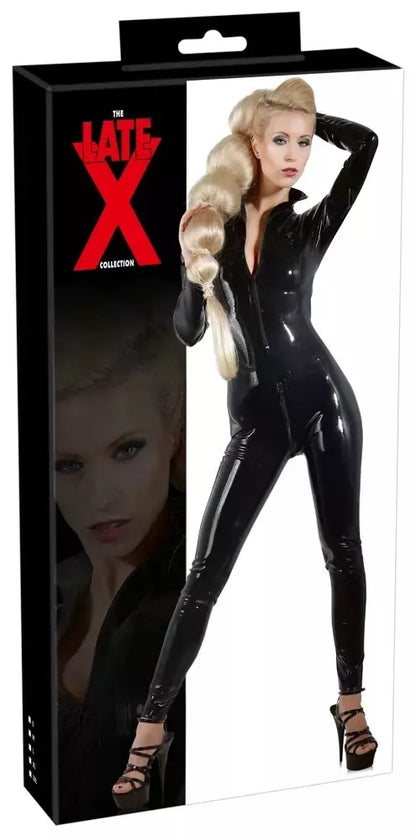 LateX Premium lateksinis kostiumas (Catsuit), juodas, XL, su dvigubais užtrauktukais ir statoma apykakle