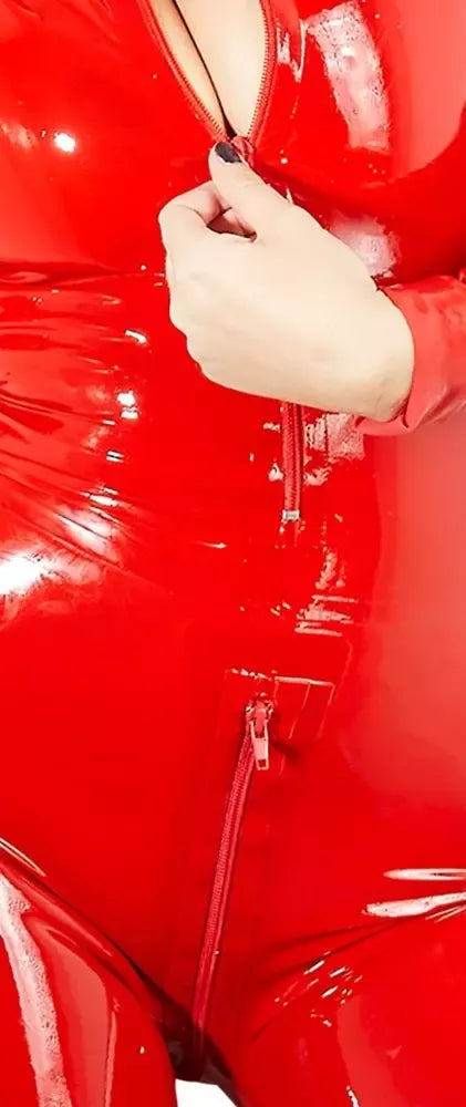 LateX raudonas latekso kostiumas S – viso kūno latekso kostiumas su priekiniu užtrauktuku