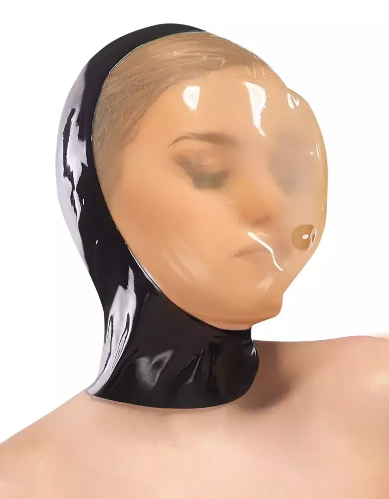 LateX vakuuminė veido kaukė 0,4 mm su nugariniu užtrauktuku, juodas lateksas