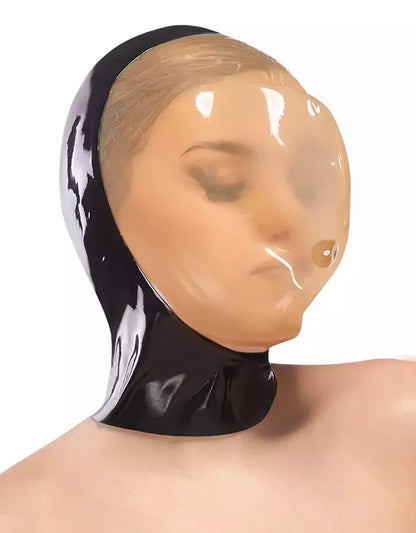 LateX vakuuminė veido kaukė 0,4 mm su nugariniu užtrauktuku, juodas lateksas